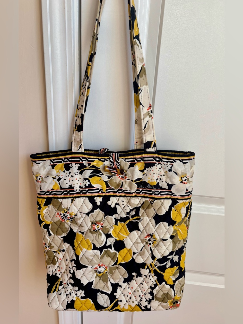 Vera Bradley Quilted Floral Tote Bag in Black, Yellow and Cream